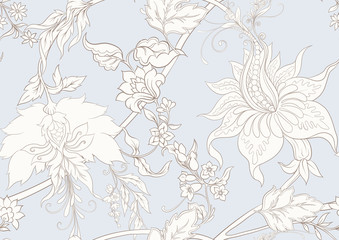 Fototapeta premium Fantasy flowers in retro, vintage, jacobean embroidery style. Seamless pattern, background. Outline hand drawing vector illustration. In vintage blue and beige colors.
