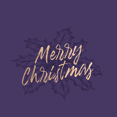 Merry Christmas Abstract Vector Retro Label, Sign or Card Template. Hand Drawn Holly Leaves with Berries Sketch Illustration with Brush Like Retro Golden Typography. Premium Purple Background