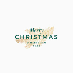 Merry Christmas Abstract Vector Retro Label, Logo, Sign or Card Template. Hand Drawn Golden Holiday Pine Fir Needle Twig Sketch Illustration with Vintage Typography.
