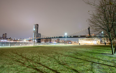 Night view of Manhattan Bridge in New York City from Brooklyn Bridge Park. City skyline and trees on a beautiful winter evening