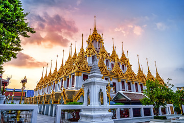 Naklejka premium Wat Ratchanatdaram or Loha Prasat (Metal Castle) is the public temple It is the most tourist destination landmark in Bangkok Thailand.
