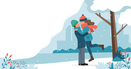 Loving couple in winter. Cute vector illustration in flat style.