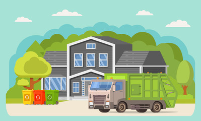 Garbage truck.Waste vehicle front .Urban sanitary loader truck.City service.Vector illustration.House exterior.Home front view facade with roof. Townhouse building.Garbage cans recycling.