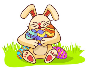 Bunny holding easter eggs.Happy rabbit .Isolated on white background.Hare cartoon character.Festive holiday banner flat vector.