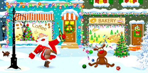 Merry Santa and deer on Christmas Eve. Joyful Santa Claus and deer on a snowy city street celebrate Christmas
