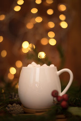 Obraz na płótnie Canvas Cacao drink in a white cup with marshmallow on the background of bokeh lights, Hot Christmas drink