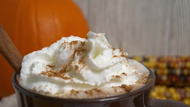 Close up of whipped cream topping on a mug with pumpkin spice sprinkled on top