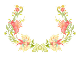 Fantasy flowers in retro, vintage, jacobean embroidery style. Embroidery for neckline. Colored vector illustration..