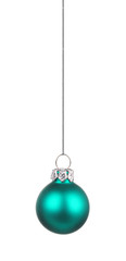 Hanging teal colored Christmas ornament isolated on white