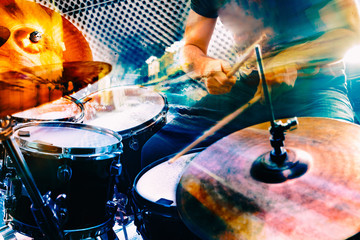 Playing drum and concert concept.Live music background.Music festival.Instrument on stage and band