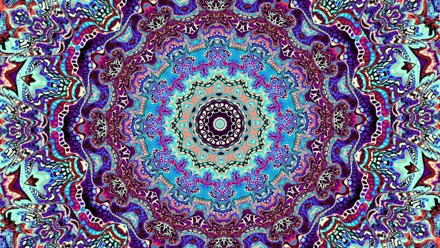 Transforming ornamental vintage mosaic art circle in retro style. Seamless loop footage.