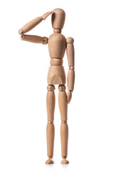A wooden man isolated on a white background. Gestalt in the form of standing man giving the honor