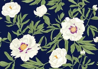 Keuken spatwand met foto Peony flower. Seamless pattern, background. Colored vector illustration. In botanical style on space blue background.. © Elen  Lane