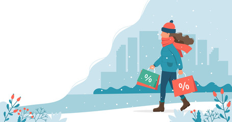 Fototapeta na wymiar Woman with sales bags in winter. Cute vector illustration in flat style.