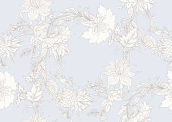 Fototapeta na wymiar Fantasy flowers in retro, vintage, jacobean embroidery style. Seamless pattern, background. Outline hand drawing vector illustration. In vintage blue and beige colors.