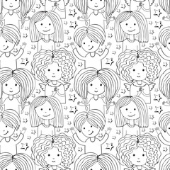 Seamless pattern funny girls smiling. Continuous line, drawing of cute girl. Art line illustration. Sketch for your design. Female character in the vector. Hand drawn female avatar.