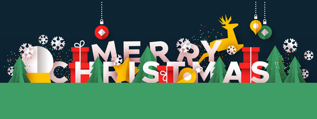 Merry Christmas banner of paper cut toy landscape
