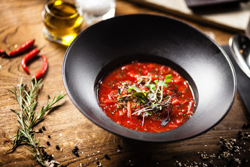 Beetroot soup served in a bowl in restaurant