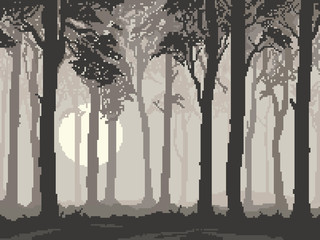 Pixel background with forest for games and mobile applications. Pixel art silhouette of forest. 8 bit. 