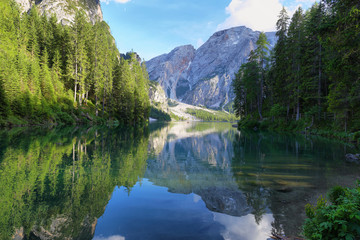 Fototapeta na wymiar Braies mountain lake in the Dolomite Alps, Italy