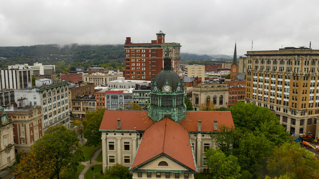 Aerial View Cloudy Overcast Day Downtown Urban Core Binghamton New York
