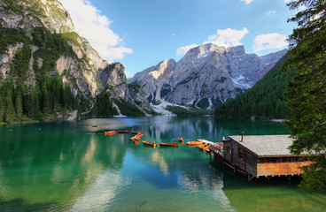 Braies mountain lake in the Dolomite Alps, Italy