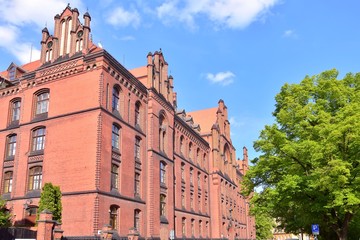 Wroclaw, Poland - May 2019. Historical building in the Wroclaw old town. View on famous tourist attraction in Vroslav. Beautiful cityscape with Wroclaw landmarks in sunny day