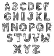 Set with silver foil balloons in shape of letters on white background