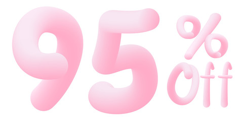 95 percent off Numbers made of chewing gum. Bubble Gum sign . Isolated on white background. Vector 3d font . Design template for big sale / special offer / advertising  .