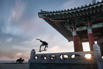 Skater at the Korean Friendship bell - obrazy, fototapety, plakaty