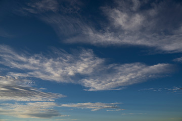Fototapeta premium White sunset clouds painted across a deep blue sky showcasing a beautiful background on the Alberta prairies in big sky country.