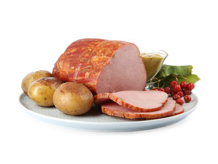 Delicious ham served for Christmas dinner on white background