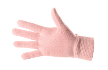 Woman wearing pink glove on white background, closeup. Autumn clothes