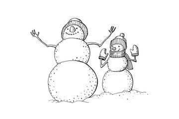 Hand-drawn funny cartoon snowmen in knitted hats. Black and white negoviki with their hands up. Drawing for coloring.
