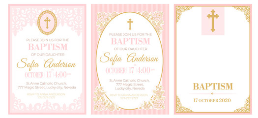 Fototapeta A set of cute pink templates for Baptism invitations. Vintage rose lace frame with golden cross. Girl christening ceremony. A little princess party. Baby shower, wedding, girl birthday invite A5 card obraz