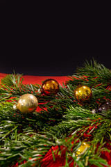 Christmas pictures, view of fir branches and Christmas decorations