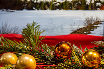 Christmas pictures, view of fir branches and Christmas decorations