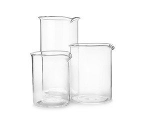 Empty beakers for laboratory analysis on white background