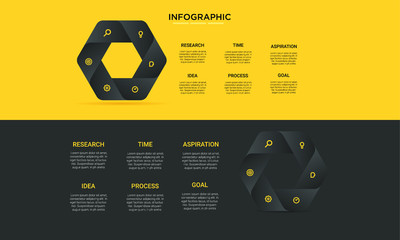 six hexagon black yellow options process chart slide template. Business data. Workflow, visualization, design. Creative concept for infographic, presentation, report, research, strategy, consulting.