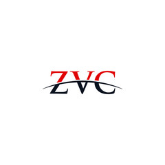 Initial letter ZVC, overlapping movement swoosh horizon logo company design inspiration in red and dark blue color vector