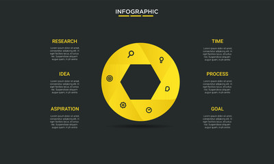 six hexagon black yellow options process chart slide template. Business data. Workflow, visualization, design. Creative concept for infographic, presentation, report, research, strategy, consulting.