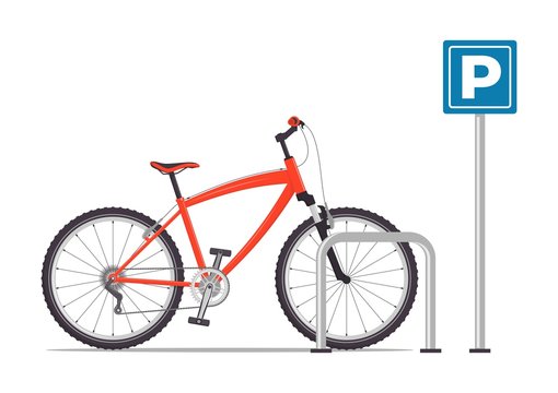 Bicycle parking. Red modern bicycle at parking sign. Vector illustration in flat style, isolated on white.