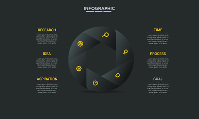 six hexagon black yellow options process chart slide template. Business data. Workflow, visualization, design. Creative concept for infographic, presentation, report, research, strategy, consulting.