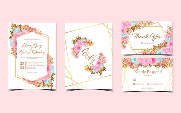 set of wedding invitation suite with elegant watercolor flowers