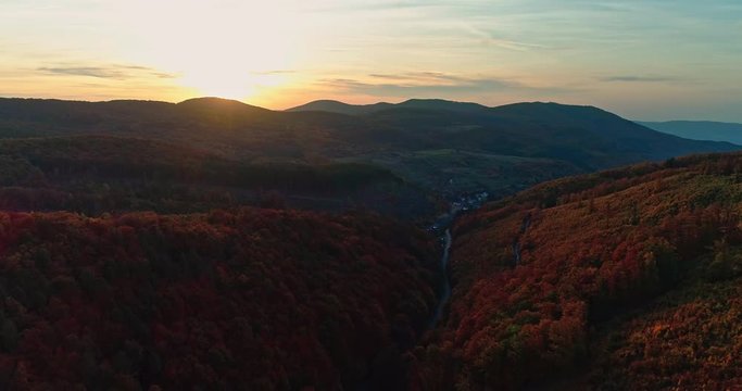 Autumn forest drone aerial shot at sunset. Overhead view of foliage trees in Hungary. Inspiring autumn season landscape panorama.