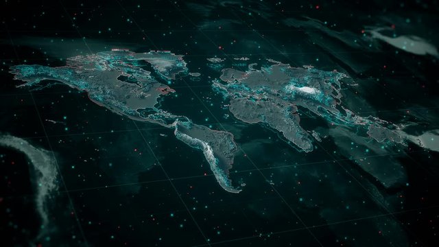 Textured world map with highlighted contours and visual hud elements. Technological futuristic space view of the Earth map.