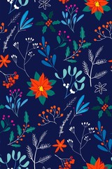 Fototapeta na wymiar Hand drawn floral Christmas seamless pattern with flower bouquets, poinsettia, christmas tree branches and berries.