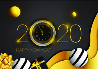 Happy New Year 2020 - New Year Shining background with gold clock glitter, gold gift box and abstract modern shape sign. isolated black background.