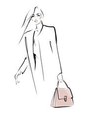 Young stylish woman in coat. Beautiful elegant girl with bag. Fashion illustration in sketch style. Vector