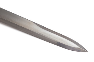 Damascus blade, pattern on the surface is caused by multiple folds of steel. Isolated in white background.